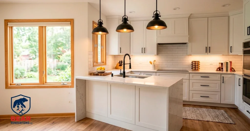 Kitchen remodel checklist completed in a finished white shaker kitchen with quartz countertops.