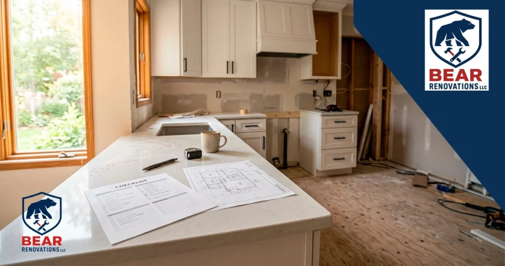 Kitchen remodel checklist and floor plan laid out on the countertop of a kitchen under renovation in Philadelphia.