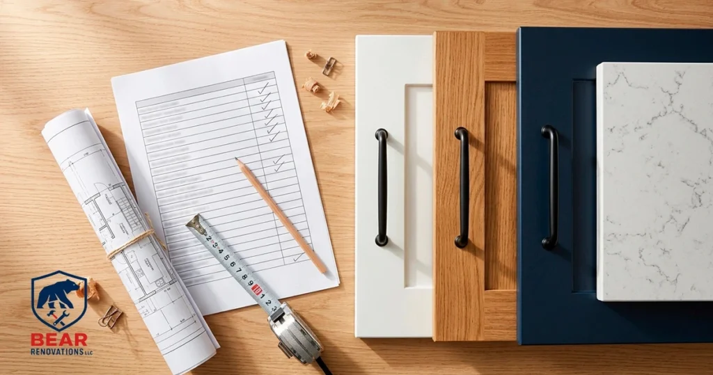 Kitchen remodel checklist reviewed on paper next to cabinet samples and a floor plan.