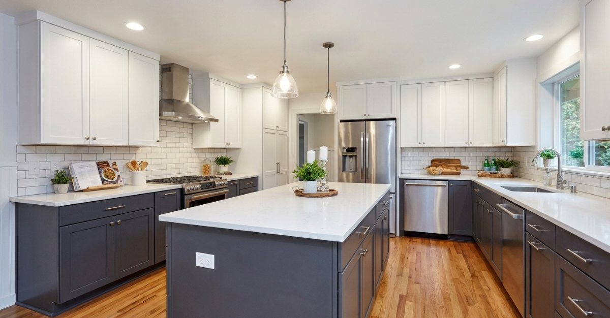 Bright white transitional kitchen design with a grey center island and black modern pendant lights.
