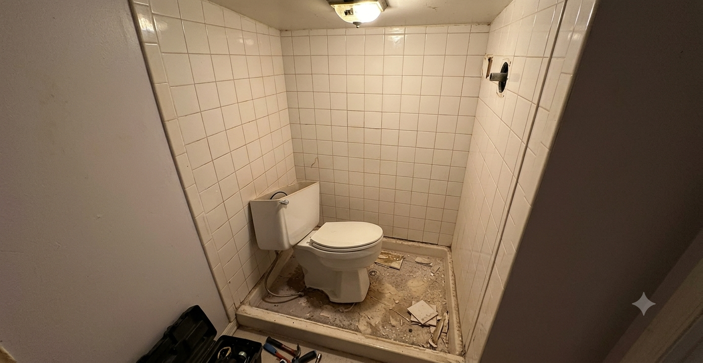 Modern bathroom renovation with walk-in glass shower in Philadelphia by Bear Renovations LLC - before