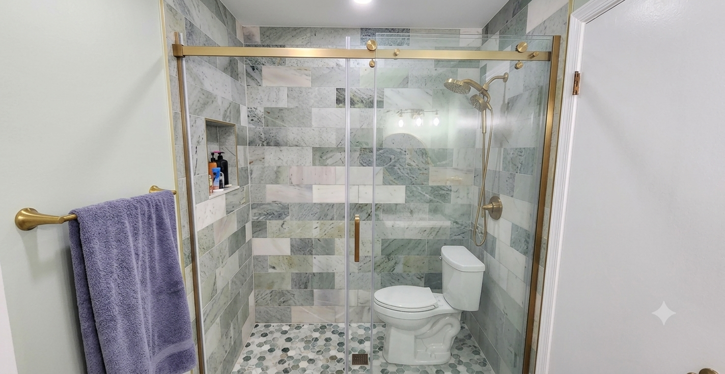 Modern bathroom renovation with walk-in glass shower in Philadelphia by Bear Renovations LLC - afther