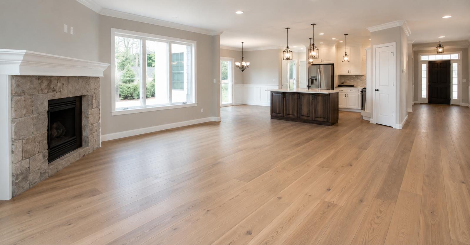 Open-concept home remodel featuring new light oak hardwood flooring, a stone fireplace, and a renovated kitchen in the background.