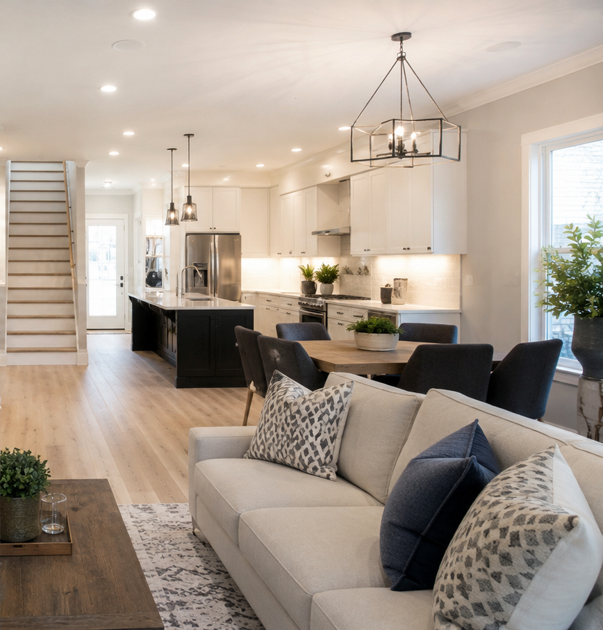 Modern craftsman style home exterior remodel featuring light grey siding, natural stone accents, a covered front porch with white columns, and beautiful landscaping.