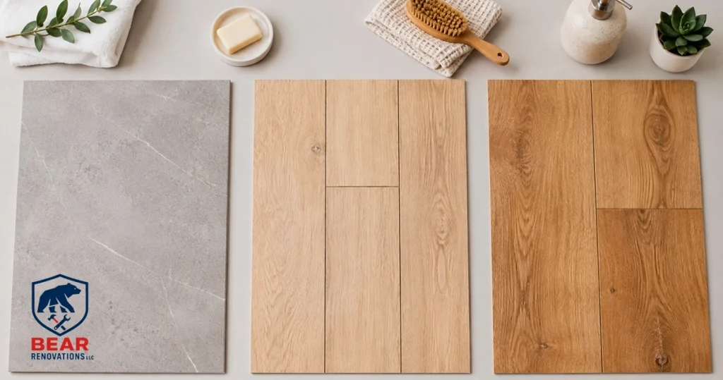 Bathroom tile flooring compared side by side with vinyl plank and waterproof laminate samples.