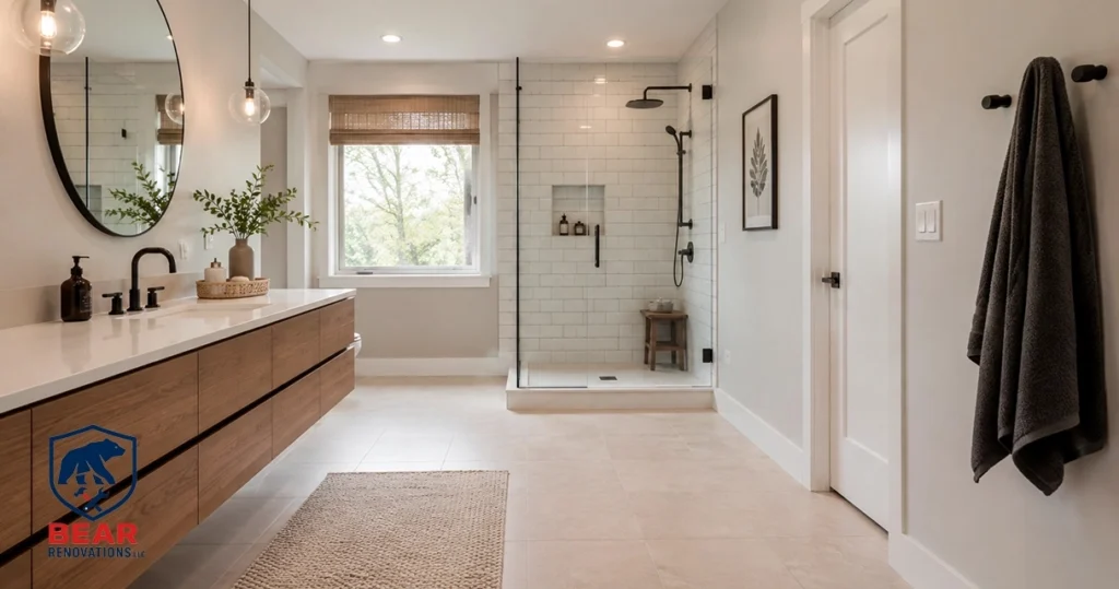 Best flooring for bathrooms shown in a tiled walk-in shower renovation in Philadelphia.