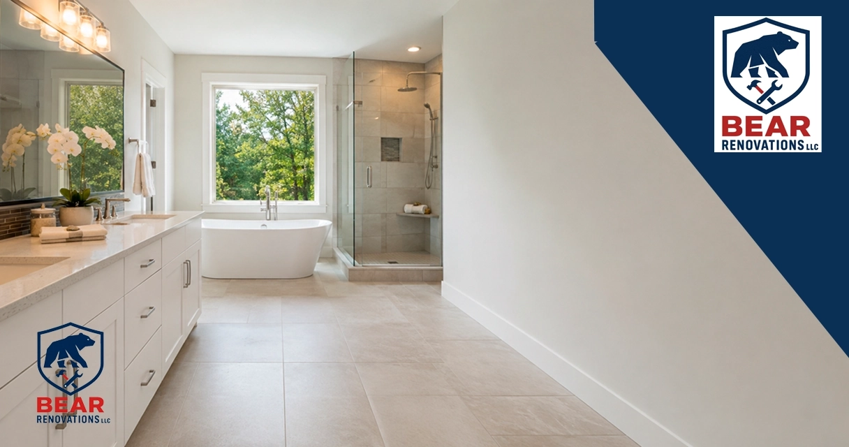 Best flooring for bathrooms shown in a tiled walk-in shower renovation in Philadelphia.