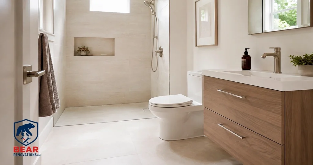Best flooring for small bathroom using large-format light tile to open up the space.