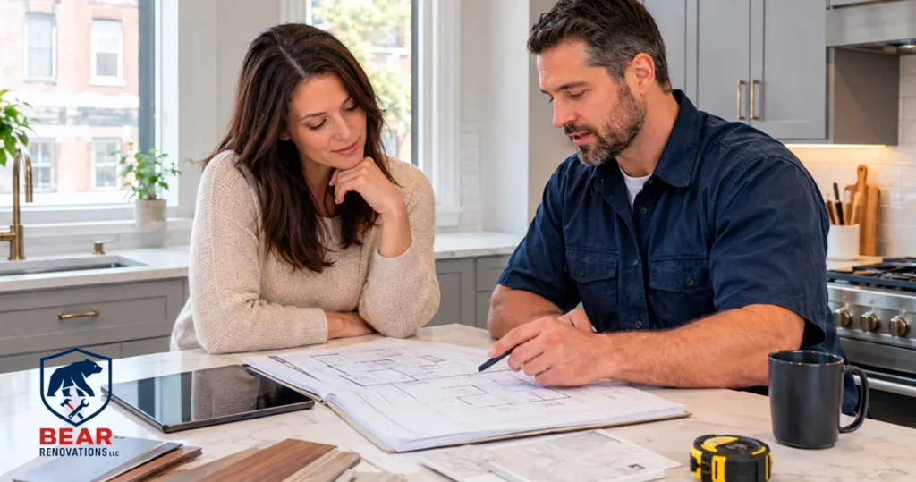 How to find a contractor in Philadelphia: homeowner reviewing plans with a licensed renovation crew